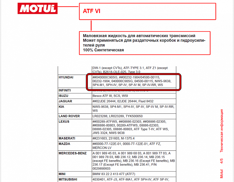 Используемое трансмиссионное масло Motul ATF VI имеет официальный допуск Hyundai ATF SP-IV